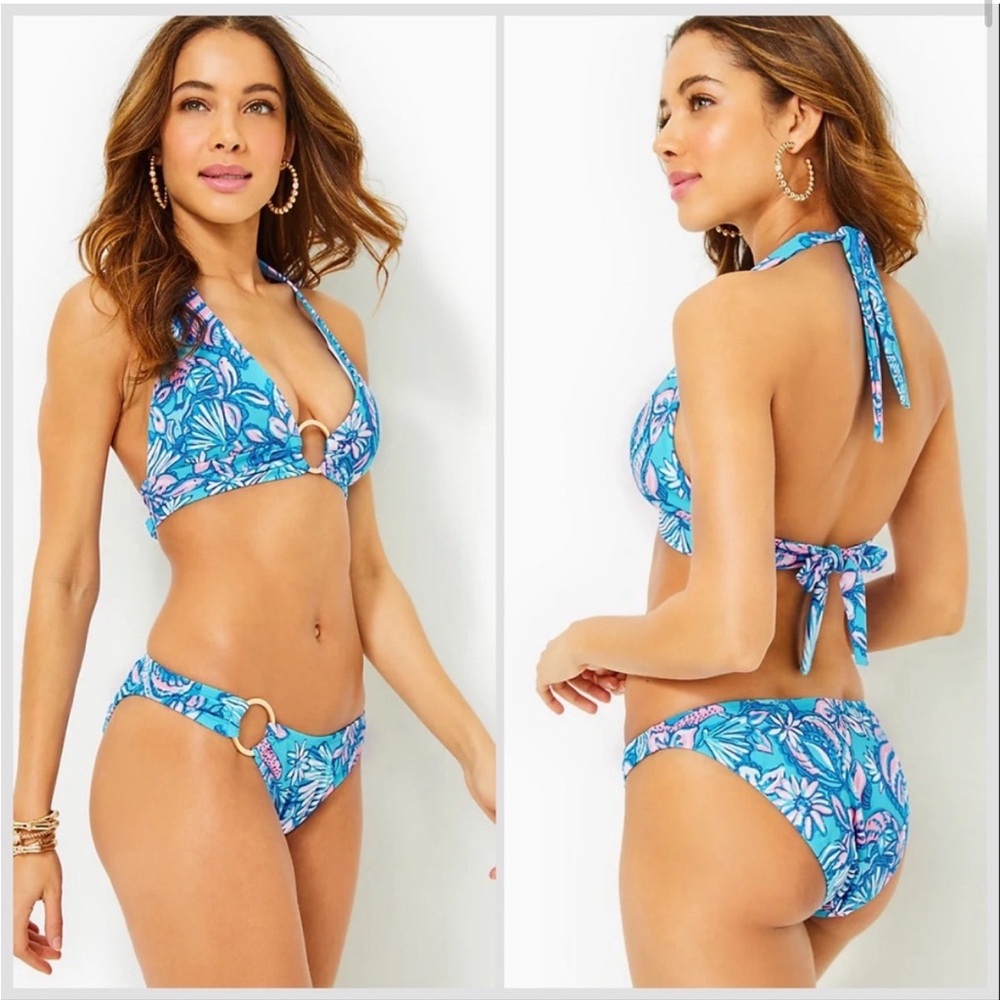 Lilly Pulitzer Blue Pink Floral Halter Bikini